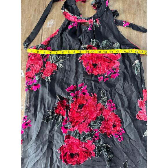 As U Wish Black Red Rose Velvet Burnout Halter Dress M Romantic Party Goth - Picture 5 of 7